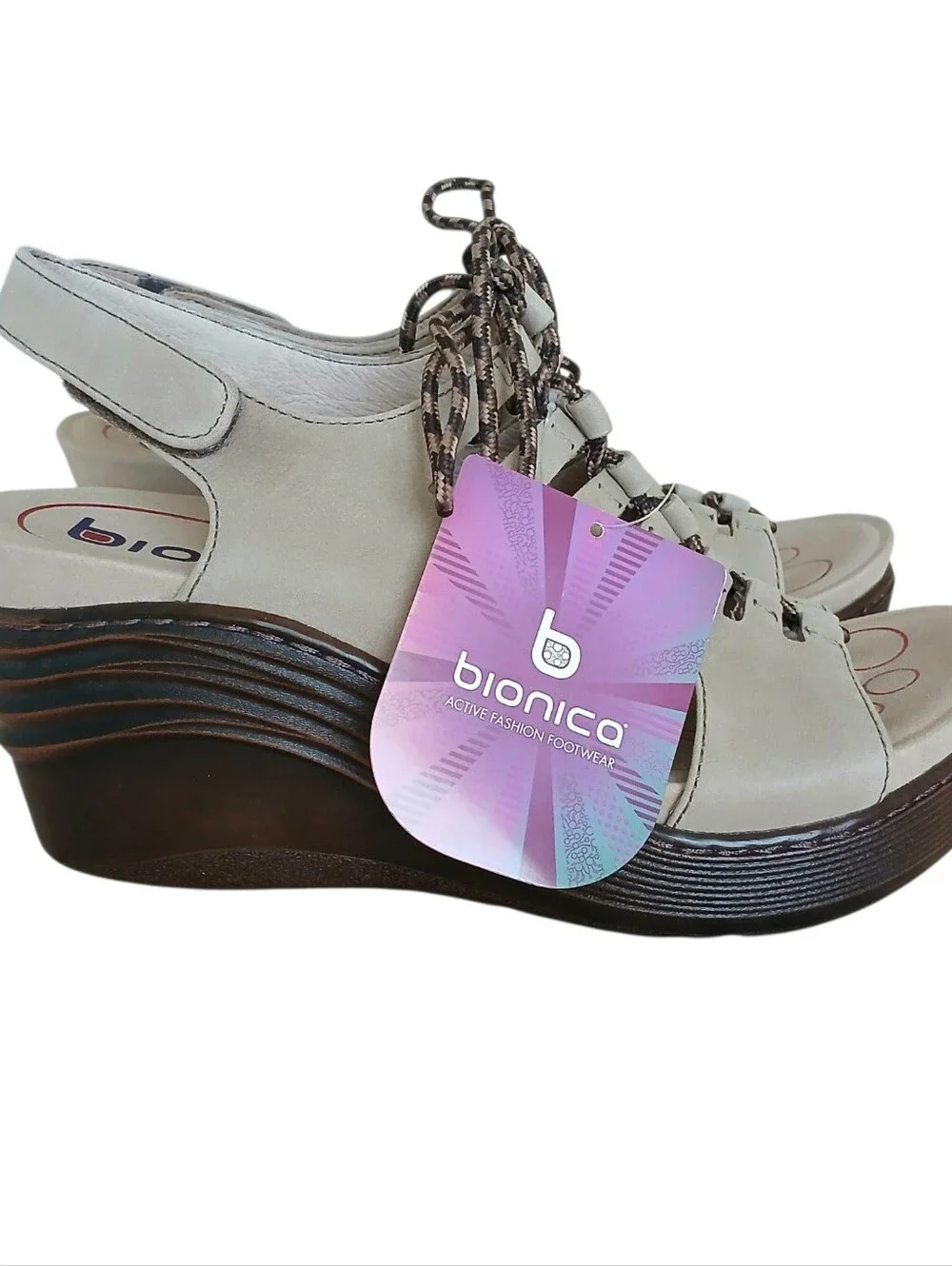 NEW BIONICA Sirus Leather Lace Up Wedge Sandals Women's 7.5 Beige Comfort Chunky
